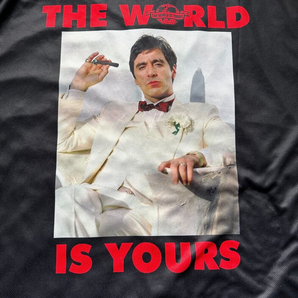 Scarface Tony Montana The World is Yours Black Baseball Jersey Men Size 5X NEW